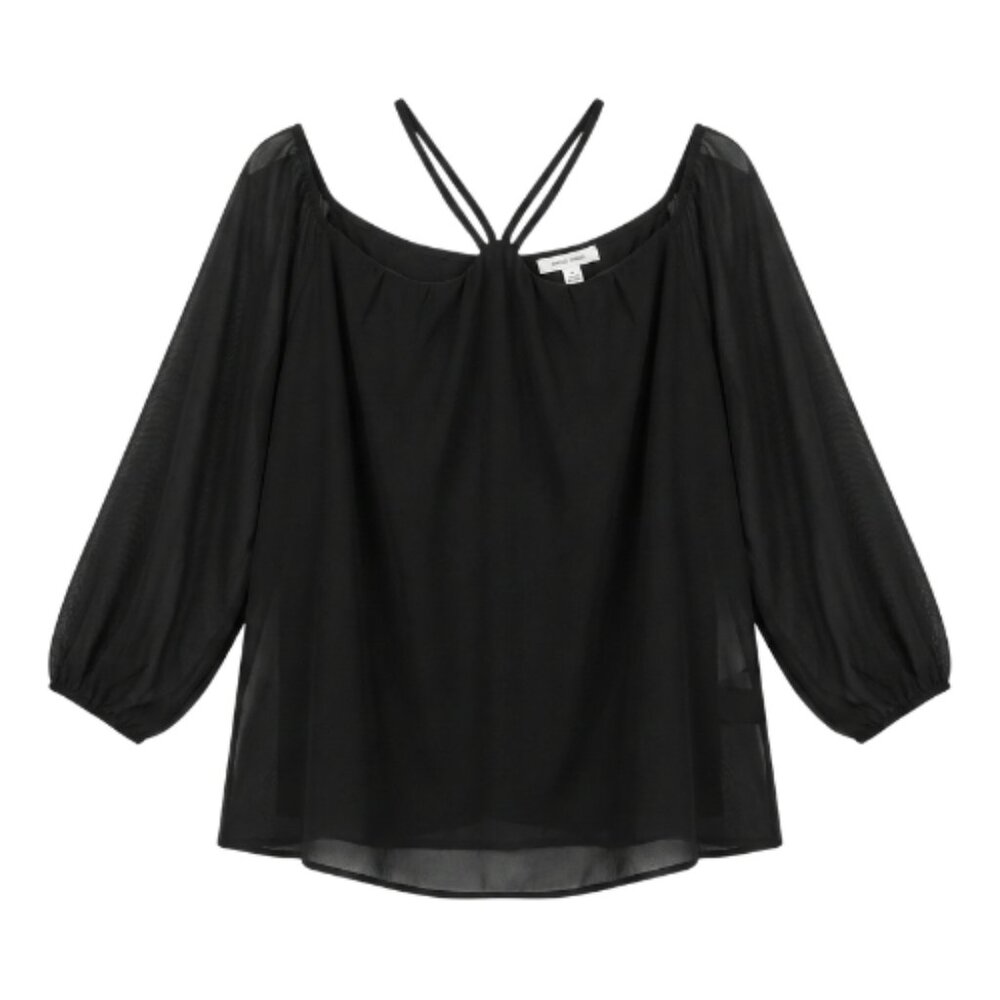 NWT | Black Sheer Sleeve Top | Cross Strap Detail | Chiffon Sleeve | Medium